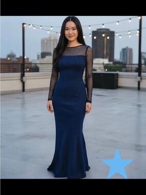 Elegant Navy Mesh-Sleeve Evening Gown